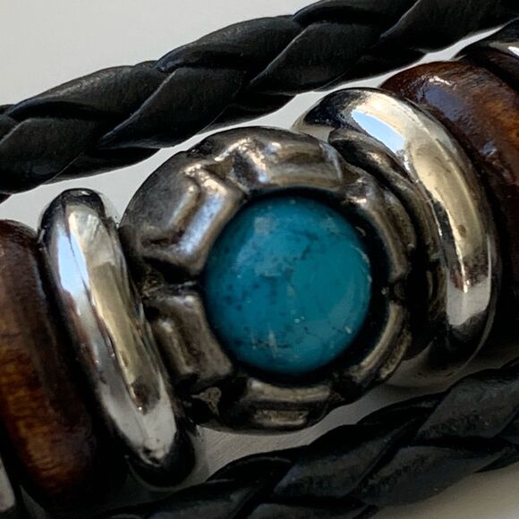 Men’s Black Ibiza Vegan Leather Multi-Strand Cuff Bracelet with Faux Turquoise - Picture 8 of 11
